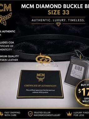 MCM Black Leather Belt with Gold Double-Loop Diamond Buckle with COA 80cm / 31.5 main image 3